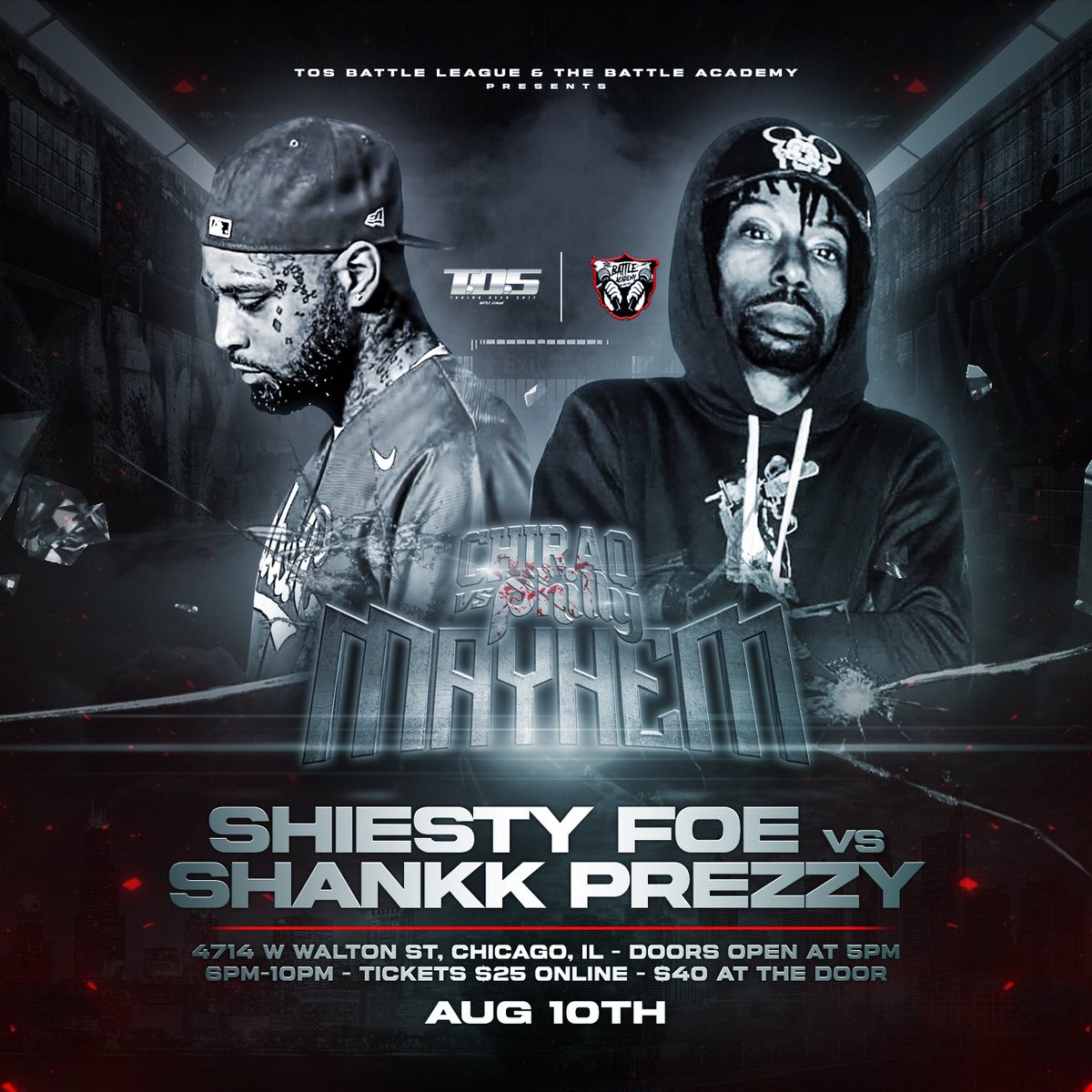 TOS BATTLE-LEAGUE (@tosbattleleague) on Twitter photo Taking Over Shit Battle League T.O.S x <a href="/BattleAcademyPA/">The Battle Academy</a>
Presents: Mayhem “Chiraq Vs Philly”
<a href="/ShiestyB4pooH/">FACE OF TOS 😈</a> vs <a href="/ShankkPrezzy/">Shankk Prezzy</a>
Mayhem| August 10th| 6pm-10pm|
GET YOUR TICKETS NOW: 🎟️ eventbrite.com/e/mayhem-chira… 🎟️
#TakingOverShitBattleLeague #TOSBL #TOS #TheBattleAcademy #Mayhem Taking Over Shit Battle League T.O.S x <a href="/BattleAcademyPA/">The Battle Academy</a>
Presents: Mayhem “Chiraq Vs Philly”
<a href="/ShiestyB4pooH/">FACE OF TOS 😈</a> vs <a href="/ShankkPrezzy/">Shankk Prezzy</a>
Mayhem| August 10th| 6pm-10pm|
GET YOUR TICKETS NOW: 🎟️ eventbrite.com/e/mayhem-chira… 🎟️
#TakingOverShitBattleLeague #TOSBL #TOS #TheBattleAcademy #Mayhem