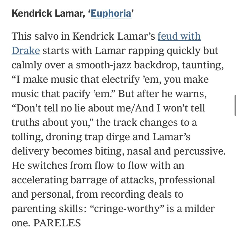 KendrickChart's tweet image. New York Times names “Euphoria” by Kendrick Lamar as one of the BEST songs of 2024, so far.

— It’s the only rap song on their list.