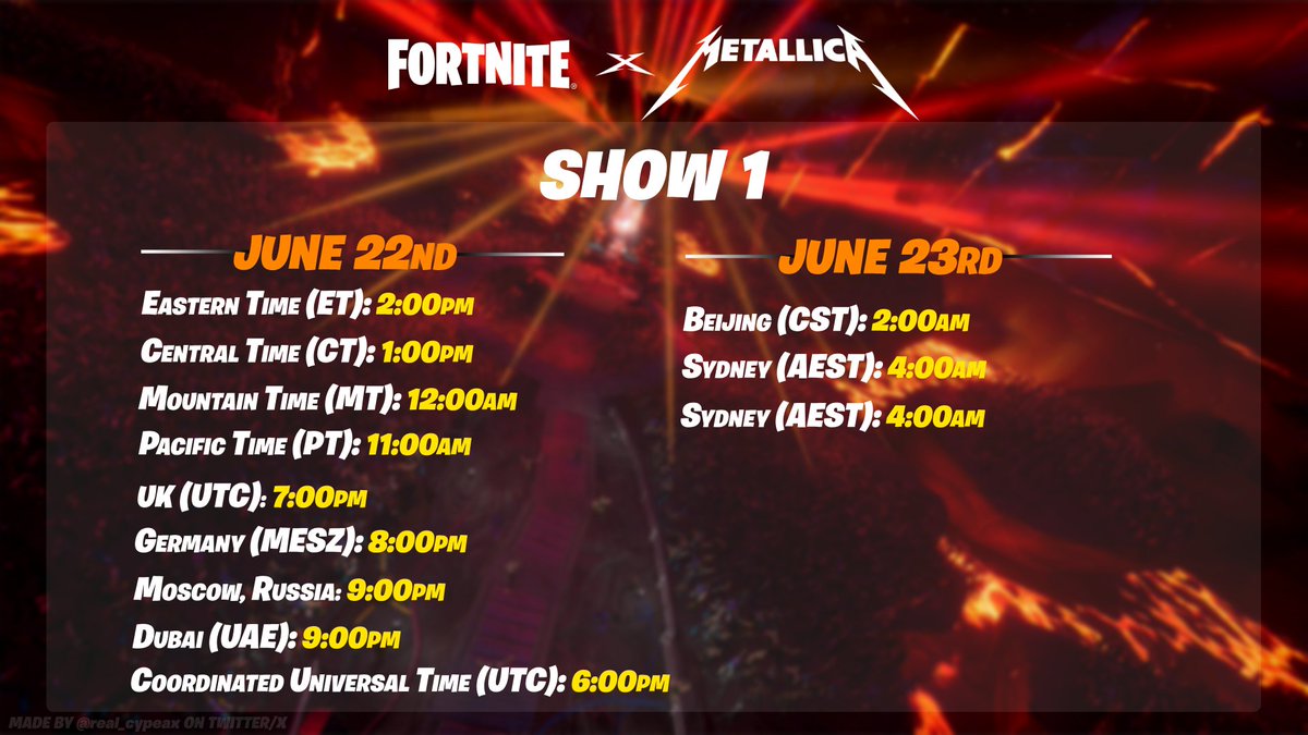 FORTNITE x METALLICA SHOW 1 TIMEZONES🔥 I did this to make it easier for  you to know when the concert will happen. Really hope it helps you! Enjoy  Show 1❤️ #Fortnite
