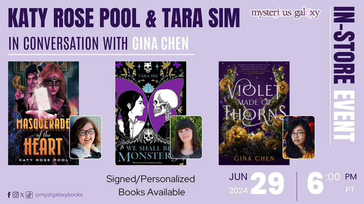 Mysterious Galaxy (@mystgalaxybooks) on Twitter photo On Sat, June 29, at 6 PM PT, we're hosting an In-Store event w/ @katypool and @eachstaraworld- in convo w/ GINA CHEN - to celebrate the MASQUERADES AND MONSTERS tour!
Signed/personalized books available! @henryholt 
For more information & to register -> buff.ly/4c75tOK On Sat, June 29, at 6 PM PT, we're hosting an In-Store event w/ @katypool and @eachstaraworld- in convo w/ GINA CHEN - to celebrate the MASQUERADES AND MONSTERS tour!
Signed/personalized books available! @henryholt 
For more information & to register -> buff.ly/4c75tOK