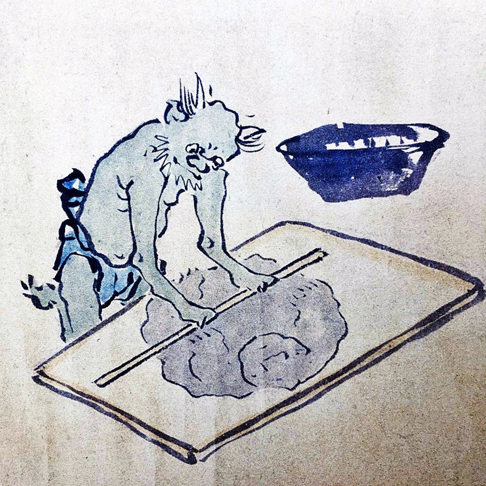 ddoniolvalcroze's tweet image. A demon flattening someone out and preparing to cut them into soba noodles, Japanese Hell Scrolls ~ 1855