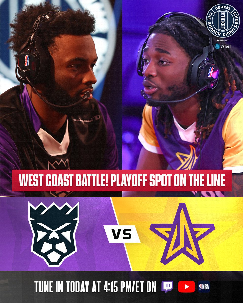NBA 2K League (@nba2kleague) on Twitter photo .<a href="/KerryJr_/">Kerry</a> and <a href="/KingsGuardGG/">Kings Guard</a> take the stage against <a href="/YooVC_/">VC๐</a> and <a href="/LakersGaming/">Lakers Gaming</a> with a playoff spot on the line today at THE TICKET powered by <a href="/ATT/">AT&T</a>!
๐ฒ: Streaming on the NBA APP
๐: 4:15 PM/ET (Broadcast starts at 3)
๐ป: Twitch.tv/nba2kleague .<a href="/KerryJr_/">Kerry</a> and <a href="/KingsGuardGG/">Kings Guard</a> take the stage against <a href="/YooVC_/">VC๐</a> and <a href="/LakersGaming/">Lakers Gaming</a> with a playoff spot on the line today at THE TICKET powered by <a href="/ATT/">AT&T</a>!
๐ฒ: Streaming on the NBA APP
๐: 4:15 PM/ET (Broadcast starts at 3)
๐ป: Twitch.tv/nba2kleague