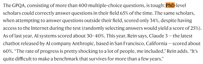 Folks, "PhD-level" intelligence isn't a thing

Benchmarks like GPQA test question-answering NOT intelligence 

Fine-tuning models to answer questions DOESN'T measure their "intelligence" or constitute the models as lawyers, doctors, PhDs or what have you.

BS all the way down!