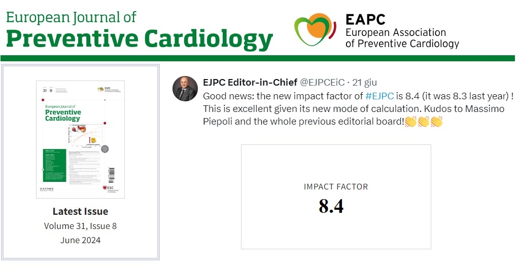 Francesco Perone (@peronefrancesco) on Twitter photo 🔥 The new impact factor (IF) of the European Journal of Preventive Cardiology is.. 8.4! 🥳
I'm proud to be part of the new Editorial Board and congrats to the previous EiC <a href="/m_piepoli/">Massimo Piepoli</a> and Editorial Board for the amazing work.
#EJPC <a href="/escardio/">European Society of Cardiology</a> <a href="/ESC_Journals/">European Society of Cardiology Journals</a> <a href="/AboyansV/">Victor Aboyans</a> #cvprev 🔥 The new impact factor (IF) of the European Journal of Preventive Cardiology is.. 8.4! 🥳
I'm proud to be part of the new Editorial Board and congrats to the previous EiC <a href="/m_piepoli/">Massimo Piepoli</a> and Editorial Board for the amazing work.
#EJPC <a href="/escardio/">European Society of Cardiology</a> <a href="/ESC_Journals/">European Society of Cardiology Journals</a> <a href="/AboyansV/">Victor Aboyans</a> #cvprev