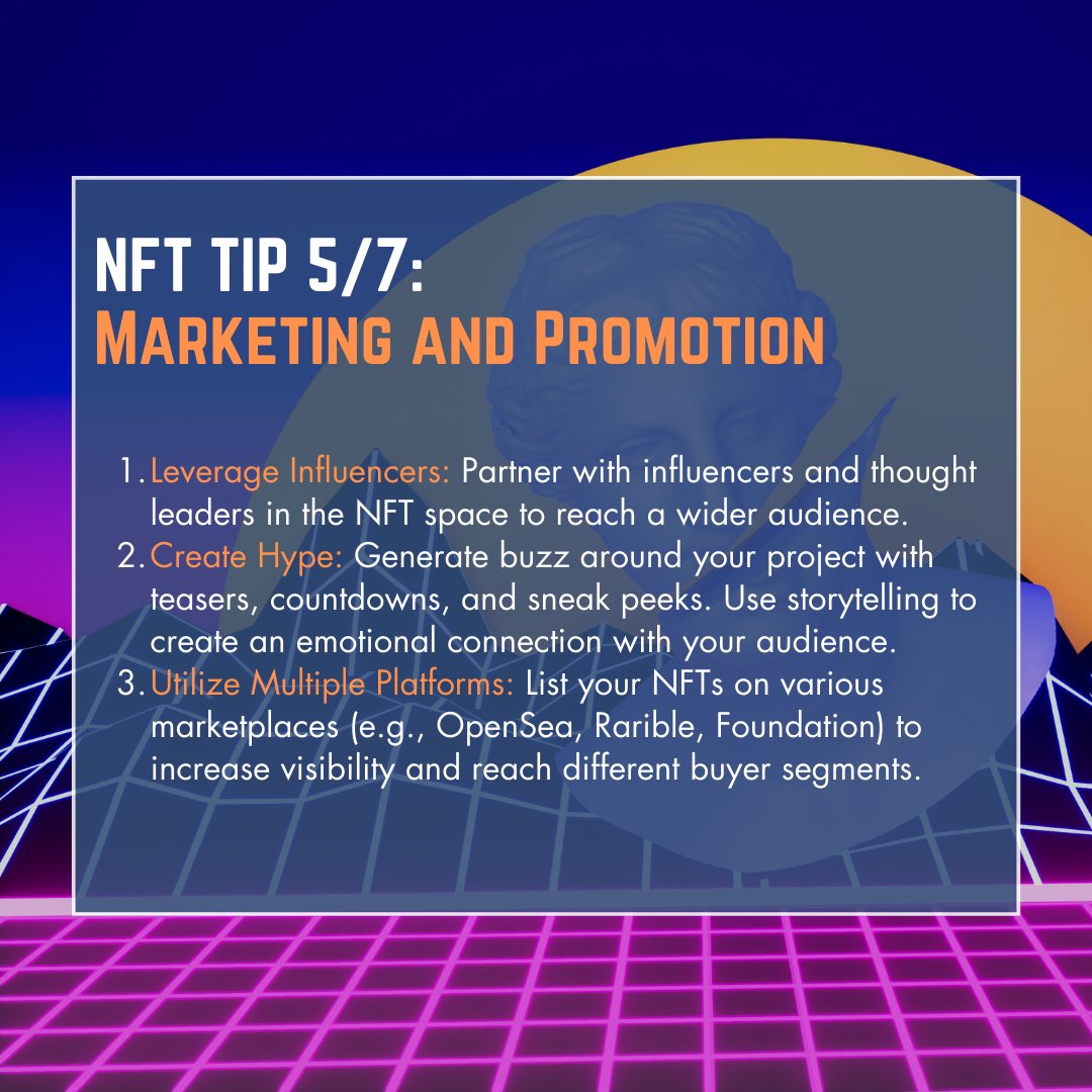 PilgrimApes's tweet image. 📣 Elevate your NFT marketing game! Partner with influencers, create buzz with teasers, and list on multiple platforms to maximize exposure. Get ahead with proven strategies from Cryplandia.#NFTMarketing #PromotionTips