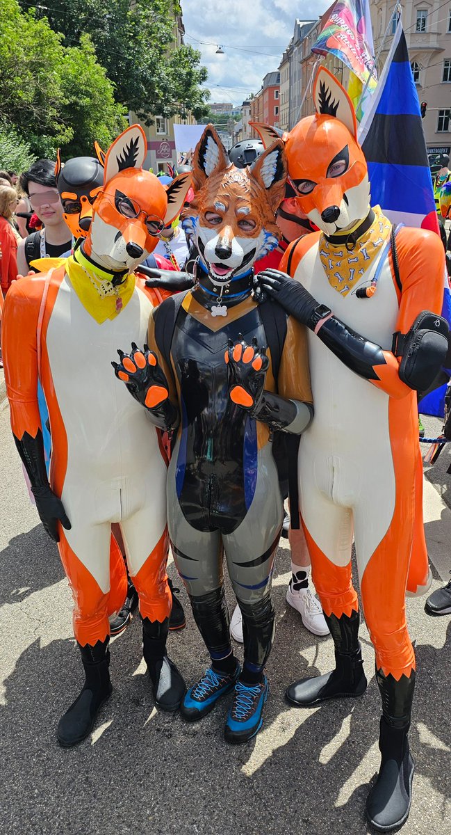 ShinyTekkie's tweet photo. Three happy foxes 🦊

Had a lot of fun at munich pride parade today 😄

With @Laborkoeter and @Dunkelkami

📸 by @ToruiAD https://t.co/TkHaTvIoDH