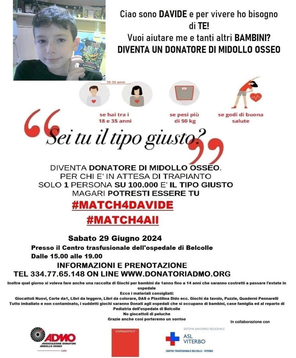 MieleVaniglia's tweet image. Sono qui a chiedervi una cosa importante Davide necessita urgentemente di un trapianto di midollo osseo, gli sono rimasti solo 2 mesi di vita se entro poche settimane non riusciamo a trovare un donatore di midollo osseo compatibile #MATCH4DAVIDE
Contattate #ADMO + vicina ⏬️