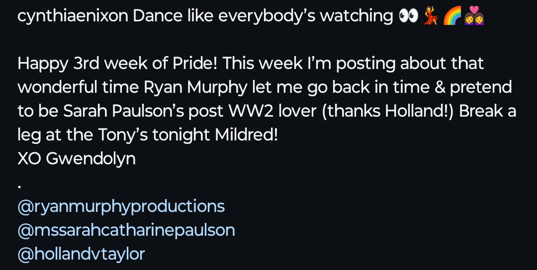AllsFairBrasil's tweet photo. “Feliz 3ª semana de Orgulho! Essa semana eu estou postando sobre aquele tempo maravilhoso que Ryan Murphy me deixou voltar no tempo e fingir ser amante de Sarah Paulson pós 2ª Guerra Mundial (Obrigado Holland) Quebre tudo essa noite no Tony Mildred!
Com amor Gwendolyn” https://t.co/ETBcn5o9XM