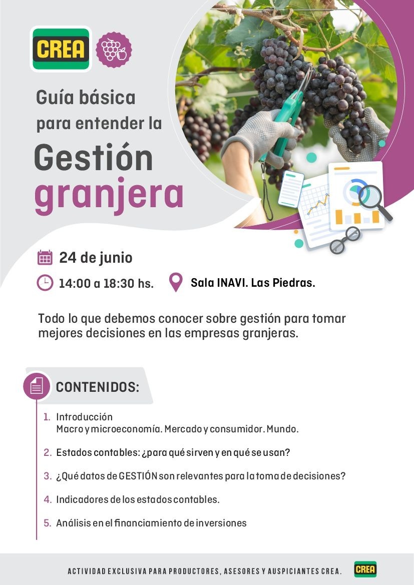 *Guía básica para entender la Gestión granjera.*  📊🍎🍇

24 de junio / 14:00 a 18:30 horas. 
Sala de INAVI en Las Piedras (ver mapa):
📍maps.app.goo.gl/qFpi5rSUq6C3Ew…

Actividad exclusiva para integrantes CREA.
¡Te esperamos!