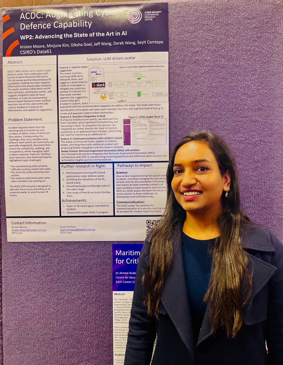 Diksha__Goel's tweet photo. Just had an incredible time at @CSCRCoz Symposium 2024 in Canberra! Two days filled with cutting-edge insights into #CyberSecurity. Keynotes from top researchers explored today's challenges and tomorrow's solutions. Excited for what lies ahead!
@CSIRO #CSCRC #Symposium2024 https://t.co/2Ab7QPfpPN