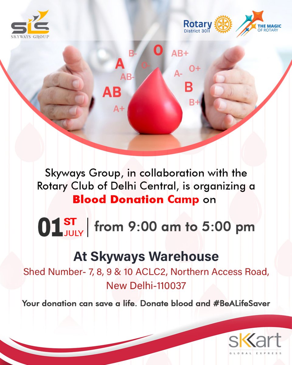 skartexpress's tweet photo. Join us at the Blood Donation Camp organized by Skyways Group in collaboration with the Rotary Club of Delhi Central. 

Your donation can save a life. #BeALifeSaver

#BloodDonation #RotaryClub #Rotary #DonateBlood #SaveLives #BloodDrive #BloodDonationCamp #Skyways #sKart https://t.co/0lJFX6VFul