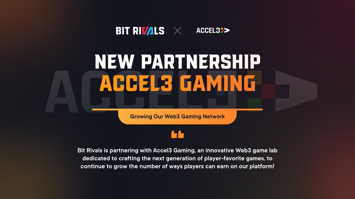 BitRivals's tweet photo. 🤝 New Partnership! 🤝

We're partnering with @accel3_gaming, an innovative Web3 game lab dedicated to crafting the next generation of player-favorite games, to continue to grow the number of ways players can earn on our platform! 🎮
Which Accel3 title do you want to see hit the Discover Page first? Tag them in the replies to show your support! 🫵
