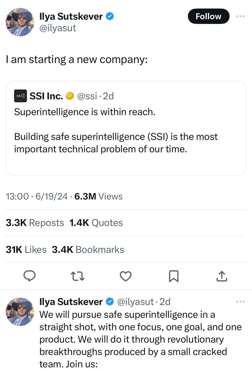 MarioNawfal's tweet photo. 🇺🇸FORMER OPENAI CHIEF SCIENTIST BUILDING “SUPER INGELLIGENT SYSTEMS”

Ilya Sutskever, along with OpenAI’s Daniel Levy and Apple’s former AI lead, Daniel Gross, founded Safe Superintelligence, a startup founded in May, focusing on building systems that operate at super intelligence.

Super intelligence surpasses human intelligence, exhibiting advanced cognitive intelligence, surpassing the human-species.

Ilya Sutskever:

“We have started the world’s first straight-shot SSI lab, with one goal and one product: a safe superintelligence.

Building safe superintelligence (SSI) is the most important technical problem of our time.

We will do it through revolutionary breakthroughs produced by a small, crack team.”

Source: AI News, (Statement: Ilya Sutskever, Daniel Gross, Daniel Levy)