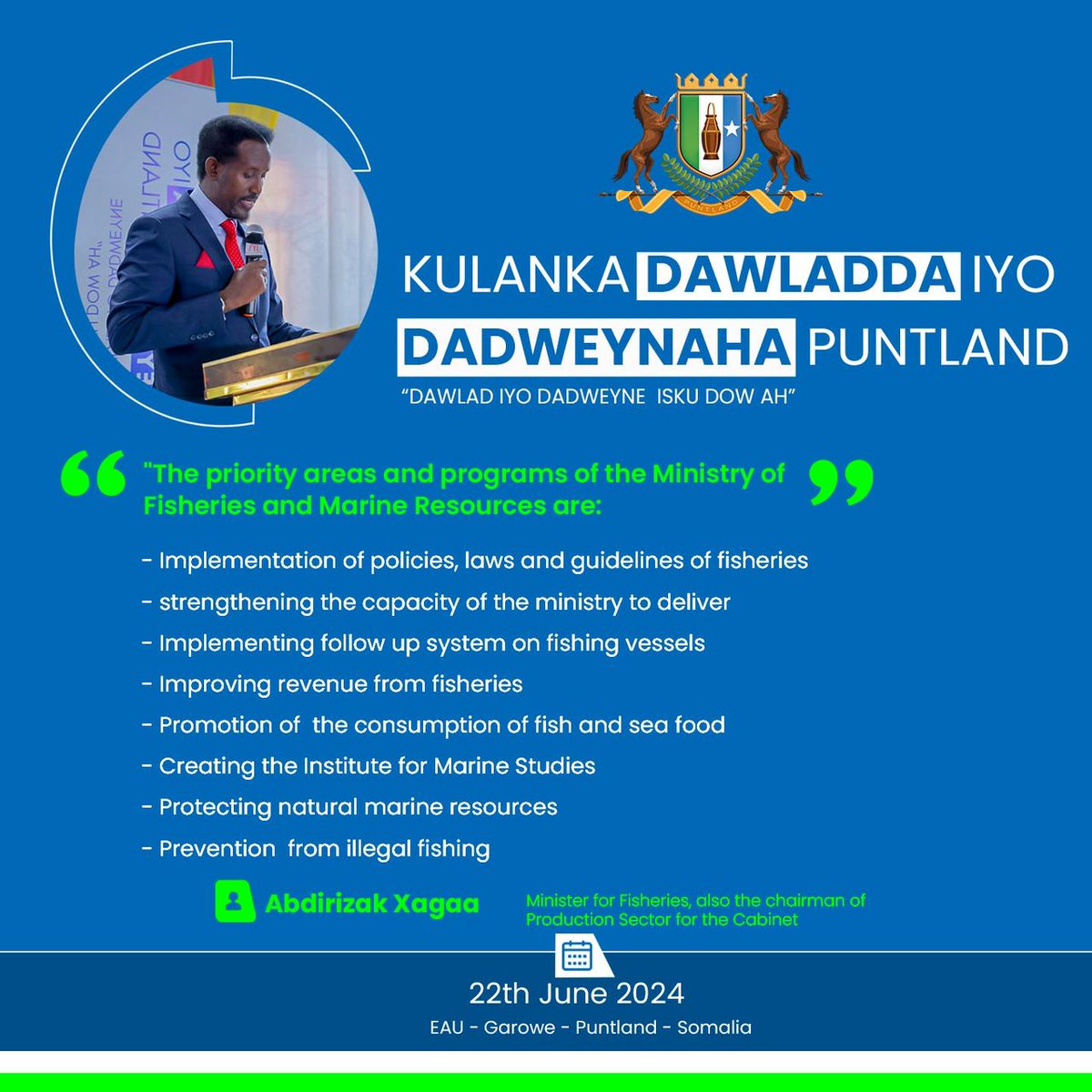 #Puntland Minister for Fisheries, also the chairman of Production Sector for the Cabinet <a href="/AbdirizakHaga/">Abdirizak Haga</a> presented the priority areas and programs of the Production Sector Ministries for the cabinet.