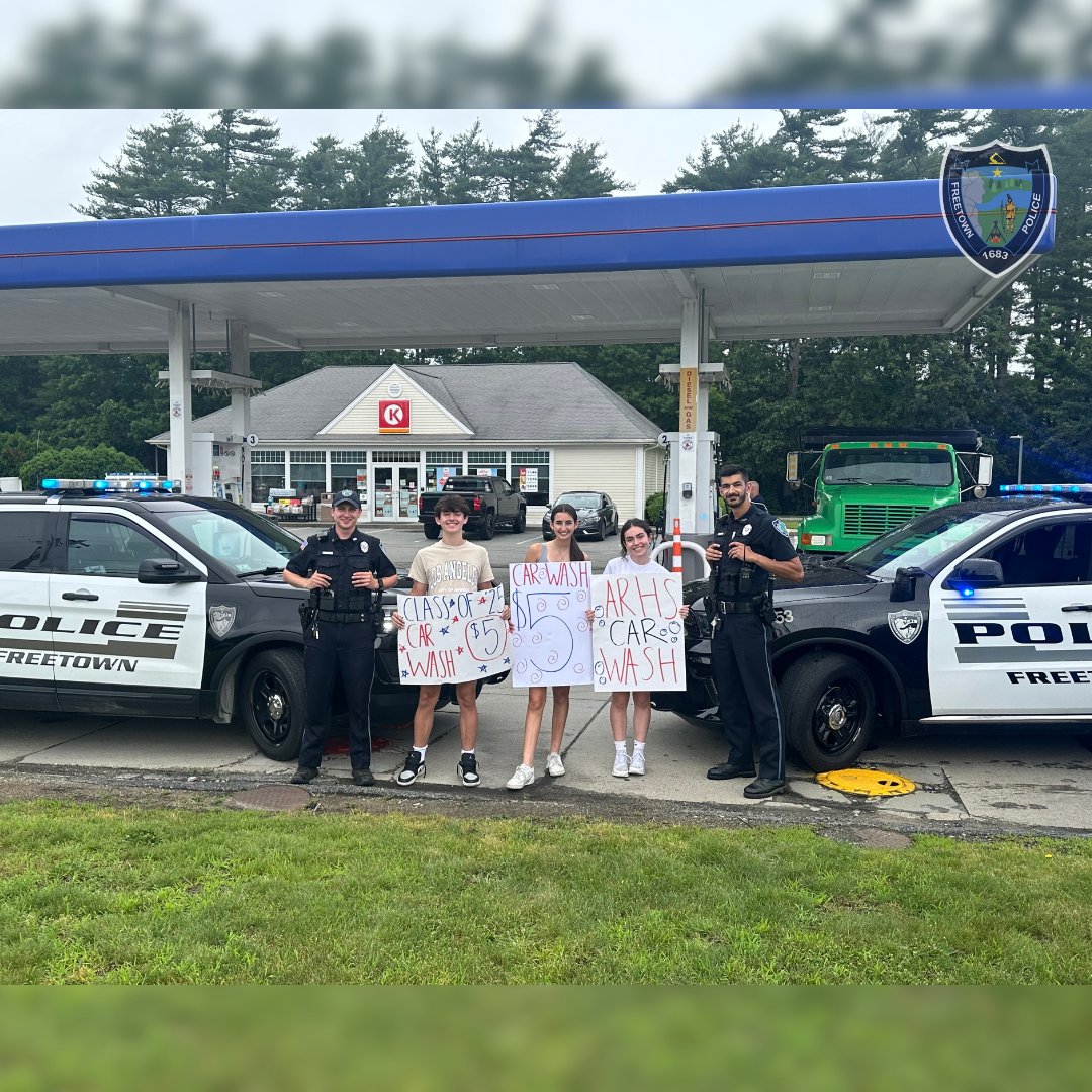 FreetownPD's tweet photo. ✨ Shoutout to the Apponequet Class of 2025! ✨

Ptlm. Nicholas Mancuso and Ptlm. Kobey Imbert got their cruisers washed today by the ARHS incoming Senior Class. The fundraiser at Circle K in E. Freetown was a great success! Thank you for your hard work and community spirit! 💪 https://t.co/pFy8mbU5p6