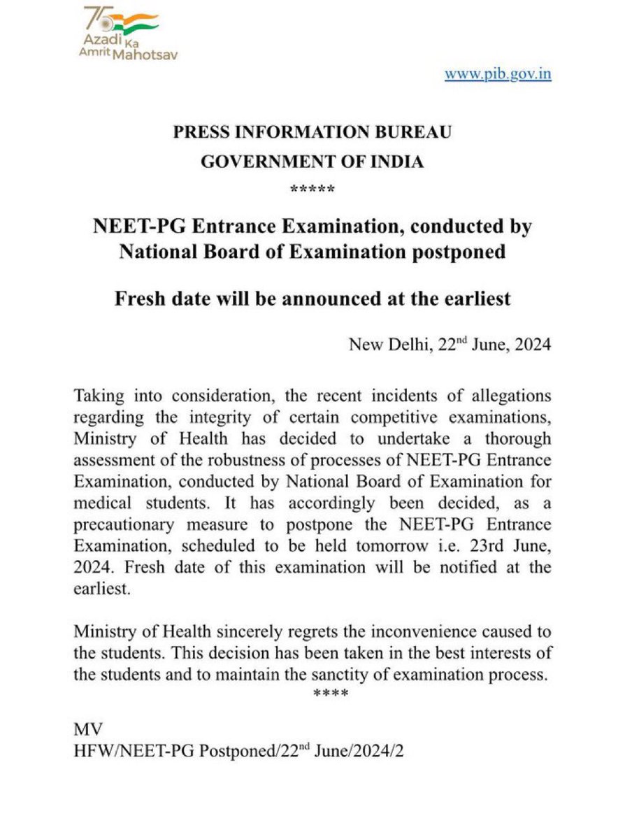 NEET PG 2024 which is scheduled to be held tomorrow across Nation is now postponed.

Fresh date will be notified at the earliest.

This shouldn't be happened before 10 hours of exam. This will affect mental health of aspirants🙏
#neet #pg