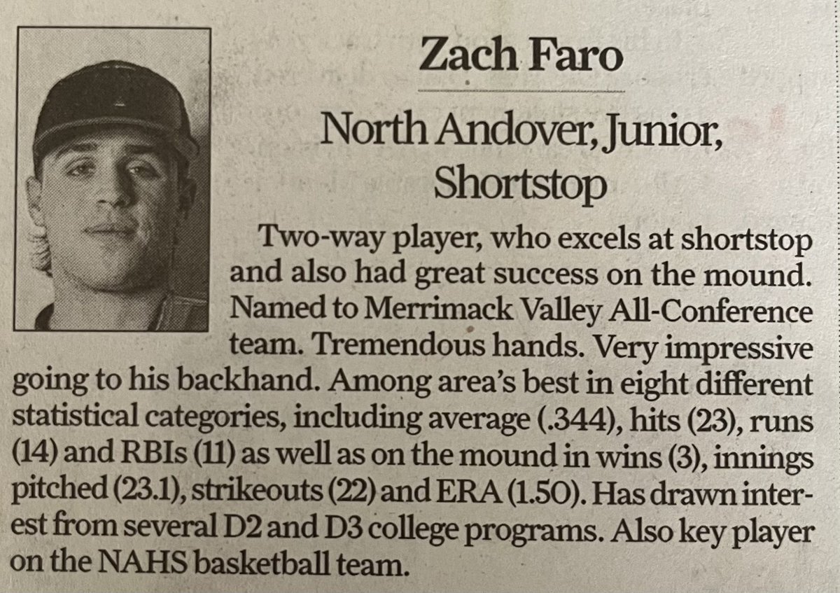 Zach Faro (@zfaro19) on Twitter photo Honored to be named an Eagle-Tribune All-Star⭐️
<a href="/NahsBase/">NAHSBase</a> <a href="/ShowBBA/">Show New England</a> <a href="/JamiePote/">Jamie Pote</a> <a href="/BUncommitted/">Baseball_Uncommitted</a> Honored to be named an Eagle-Tribune All-Star⭐️
<a href="/NahsBase/">NAHSBase</a> <a href="/ShowBBA/">Show New England</a> <a href="/JamiePote/">Jamie Pote</a> <a href="/BUncommitted/">Baseball_Uncommitted</a>
