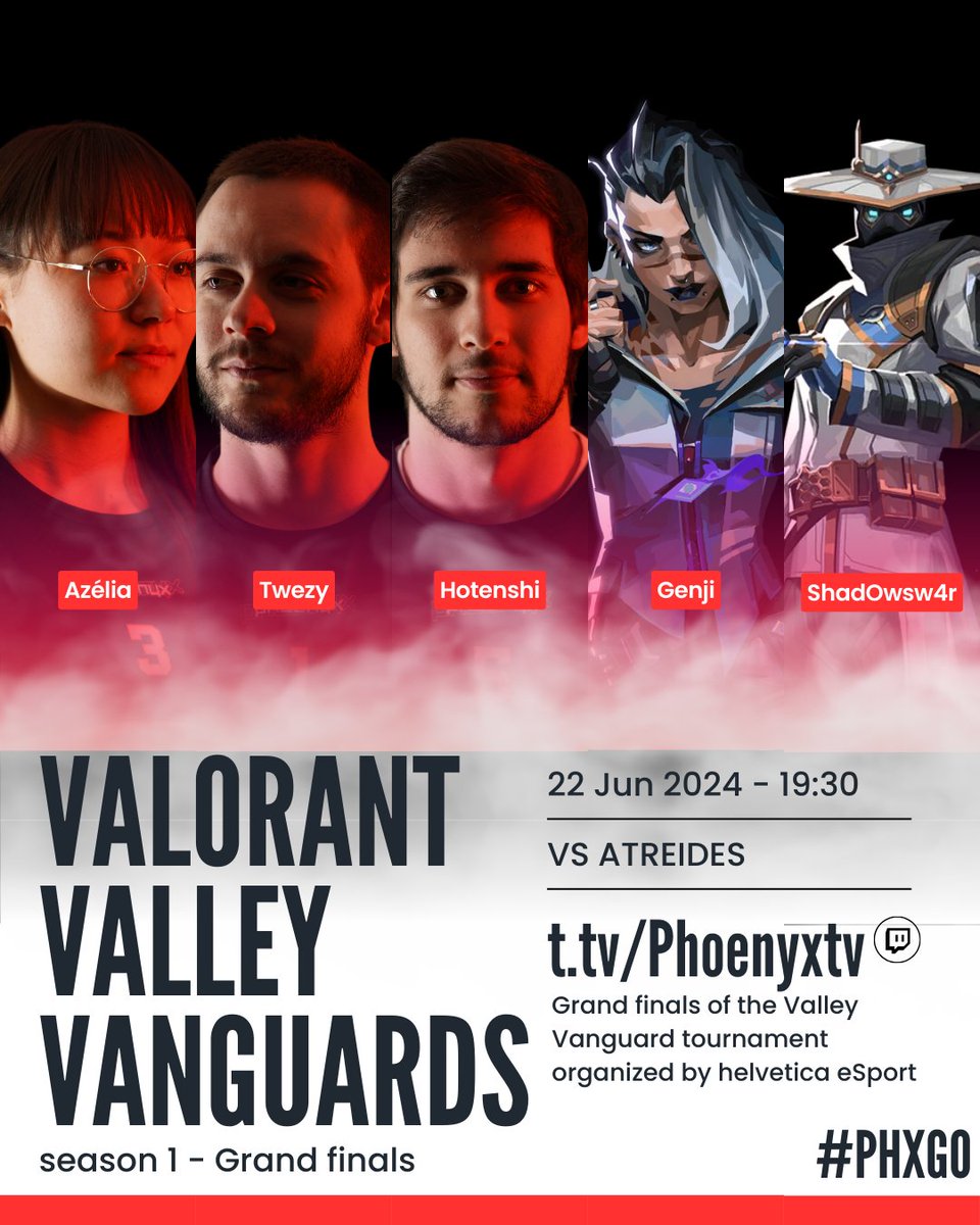 Phoenyx (@phoenyx_tv) on Twitter photo Notre équipe Valorant s'est qualifiée pour la grande finale du Valorant Valley Vanguards organisé par <a href="/helvetica_off/">Helvetica eSport🇨🇭</a> et cette dernière a lieu ce soir.
RDV à 19h15 sur notre Twitch pour venir encourager les joueurs!
twitch.tv/phoenyxtv
#PHXGO 🦅🔥 Notre équipe Valorant s'est qualifiée pour la grande finale du Valorant Valley Vanguards organisé par <a href="/helvetica_off/">Helvetica eSport🇨🇭</a> et cette dernière a lieu ce soir.
RDV à 19h15 sur notre Twitch pour venir encourager les joueurs!
twitch.tv/phoenyxtv
#PHXGO 🦅🔥
