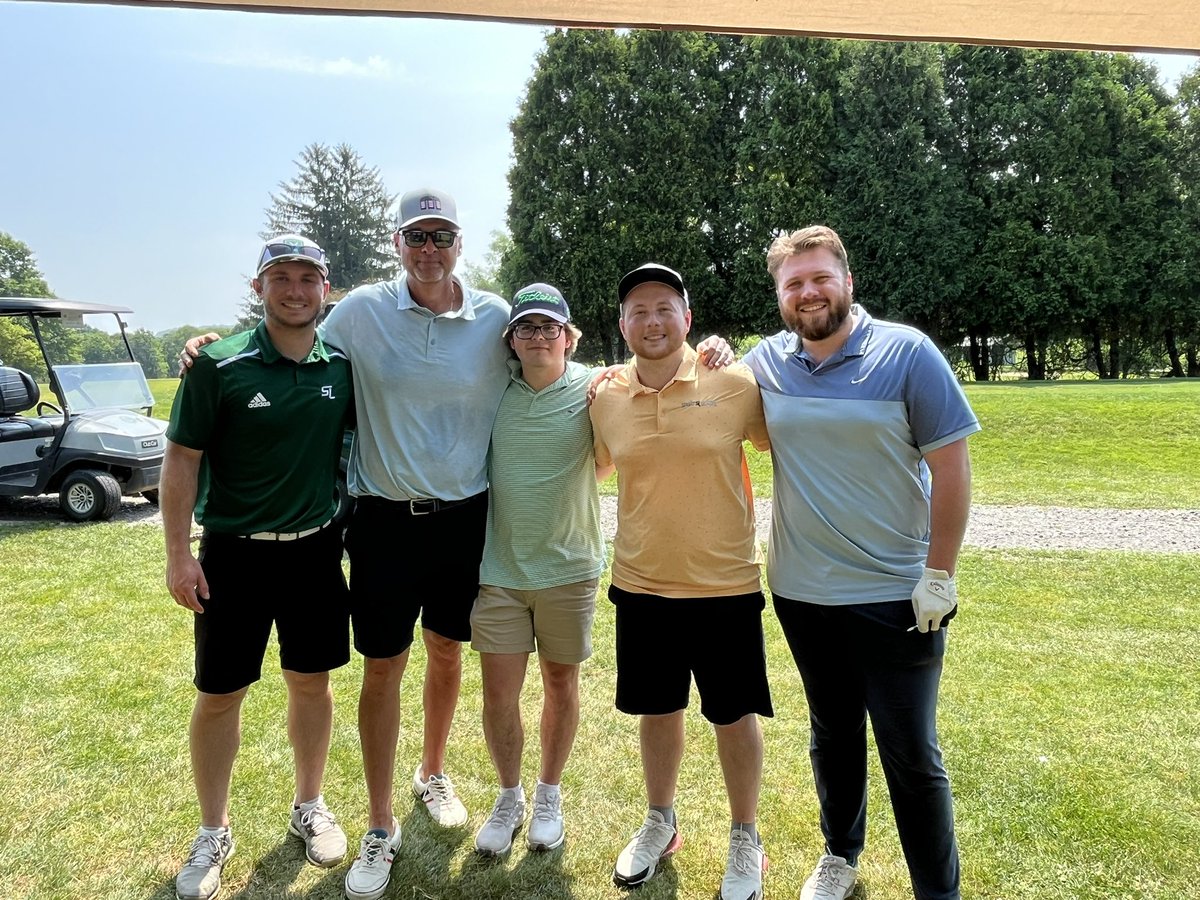 Our guys Jake, Adam, Brian, and Brendan getting a quick picture with Coach Lutz at the Slippery Rock University Football-Golf Tournament. Have a fun time supporting our great customer, SRU, along with representing us, The Sports Locker! #FORE