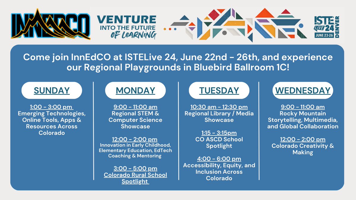 <a href="/InnEdCO/">InnEdCO</a> is officially at @ISTE Live '24 and we can't wait to see you! Don't forget to attend our Regional Playground Sunday through Wednesday. We've got something for everyone every day! #innedco #istelive #weareinnedco