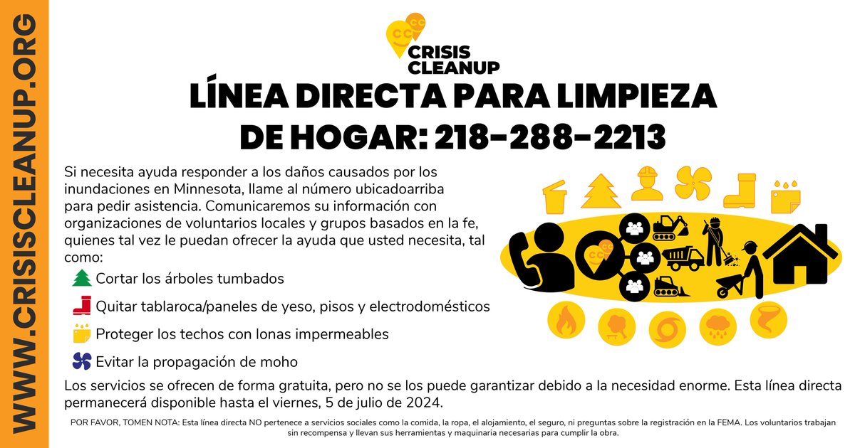 The Home Cleanup Hotline has been opened to help survivors the #flooding in #Minnesota. We anticipate that most volunteer groups will work through Friday, July 5. 2024.

Survivors needing assistance can call 218-288-2213.

#LoveThyNeighbor #CrisisCleanup #PleaseShare