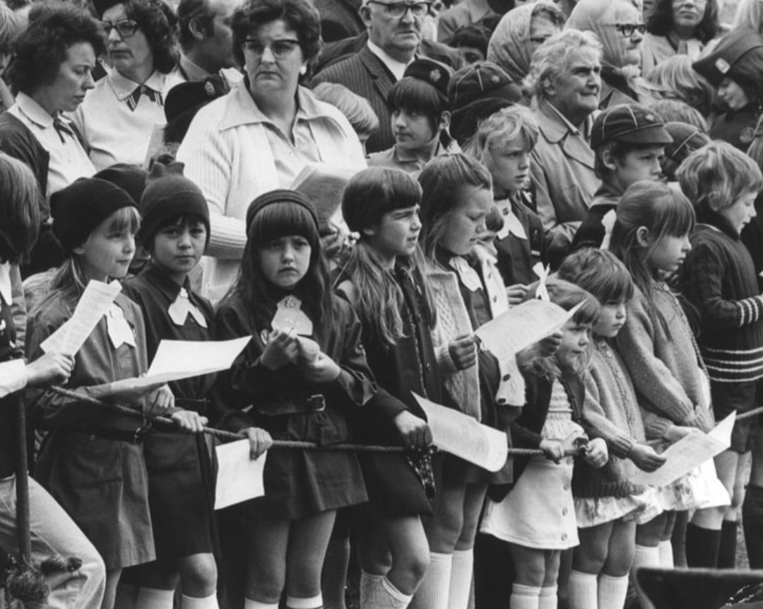Weston Park Whit Sing in May 1976, showing members of the 16th Sheffield Street Timothy's Brownies