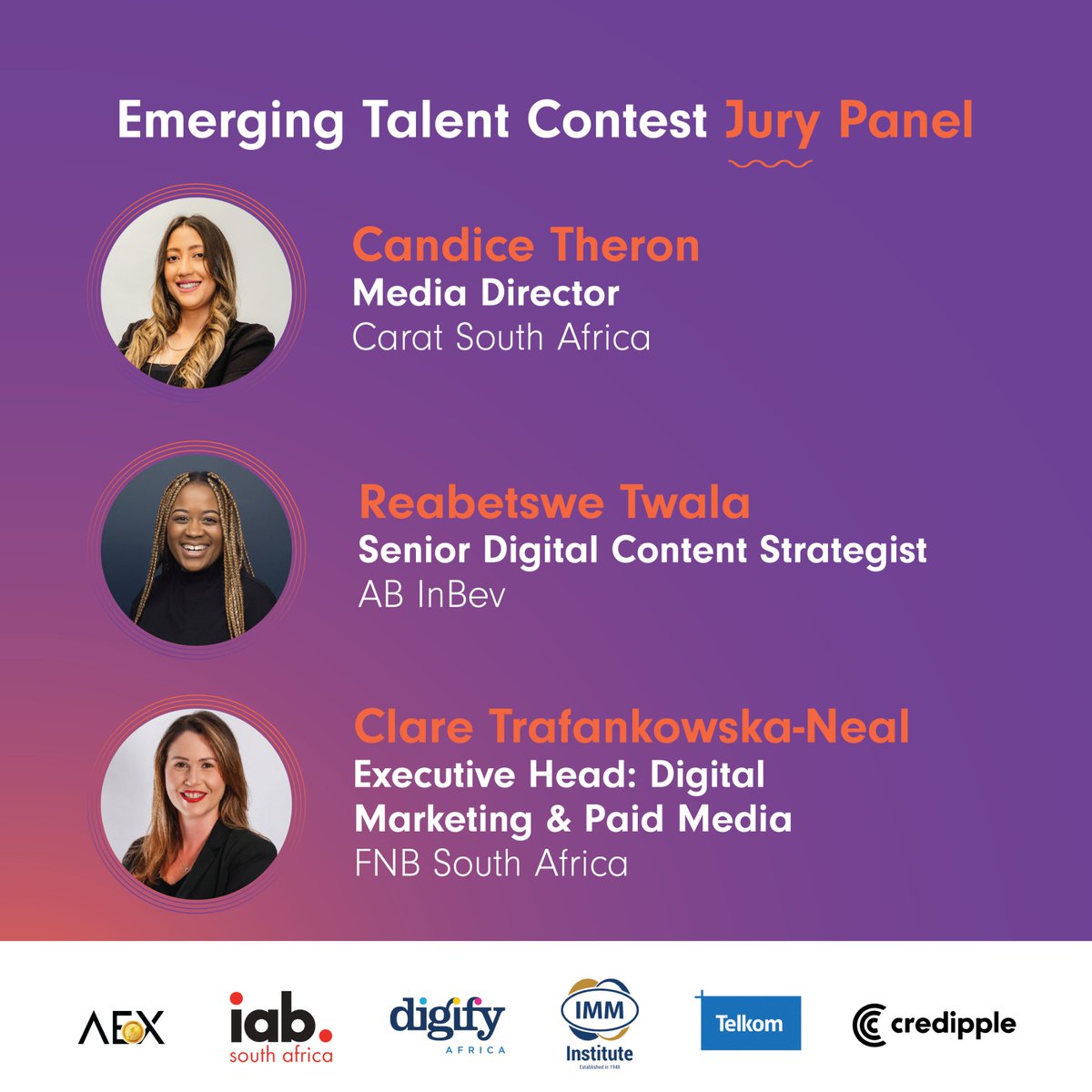credipple's tweet photo. Your next employer could be in this jury panel! Grow your network, be inspired and become one of the best.🥇

Candice Theron
@Reatwala_ 
@Clare_Traf https://t.co/HpxLstc5fp