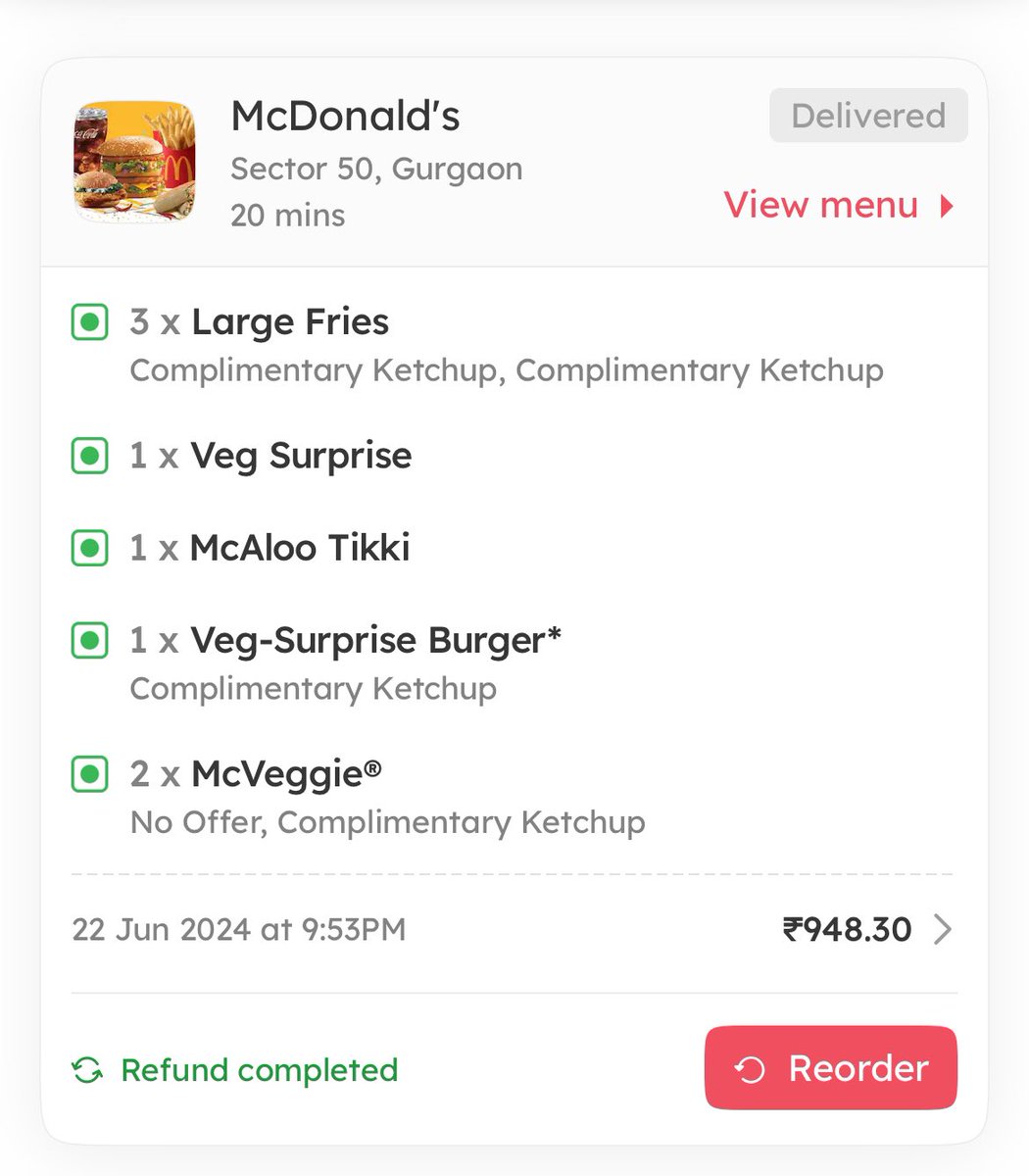 taralsoni's tweet photo. @zomato @mcdonaldsindia you sent non vegetarian food to a vegetarian home. How can you mess a simple burger order? Look at the bill, order and what you sent. Seems restaurant is not available to answer the call. McDonald Eros city, sector 49 Gurgaon was the restaurant. https://t.co/ky9I6T7WUm