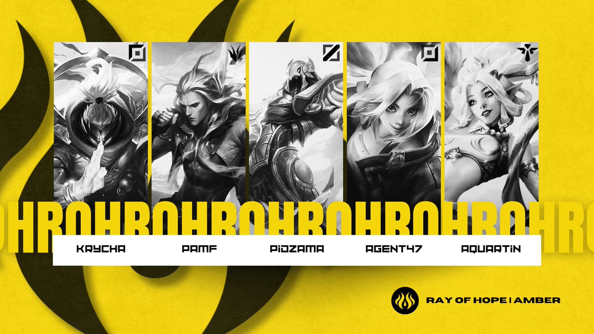 Official roster for <a href="/ROHesport/">Ray of Hope</a> 's Amber  

Top:<a href="/reigarddd/">Krycha</a> 
Jungle:<a href="/pamf123456/">pamf4</a> 
Mid:<a href="/Pidzama3/">Pidzama</a> 
Adc:<a href="/Ogcalyx/">Ogcaly</a> 
Support:<a href="/aquartin_/">Aquartin</a> 

 #leagueoflegends #ROH #team #esport