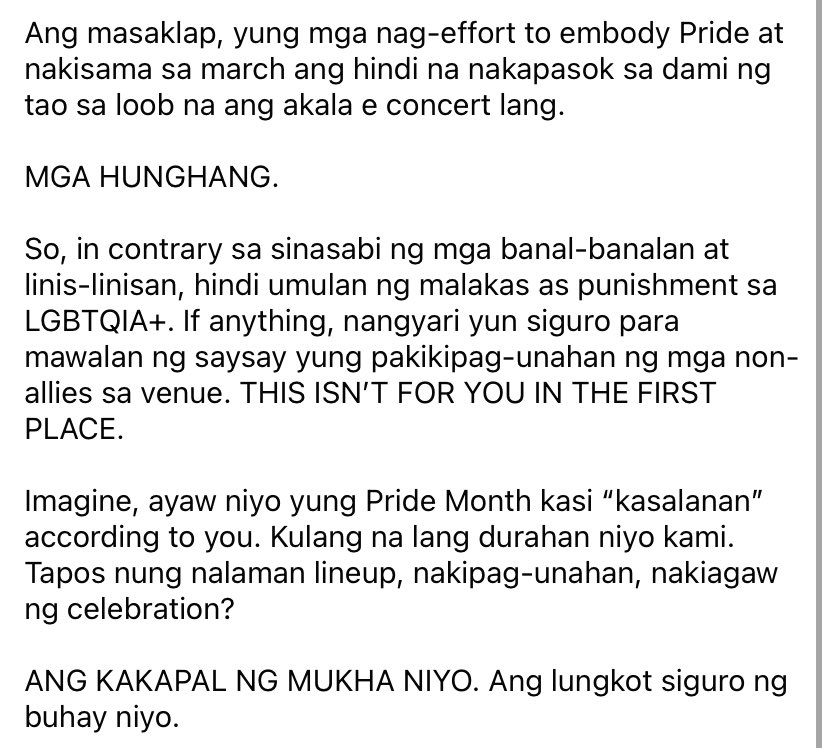 Rome0418's tweet photo. Nakakabwisit, first experience ko sana, but #PrideMonth2024 was infuriating because of straight non-allies na ang pinunta lang e artista! Mga gago!!! Dasurv na macancel yung night event kasi if ever e sila lang nakinabang! https://t.co/0NNIryebgq