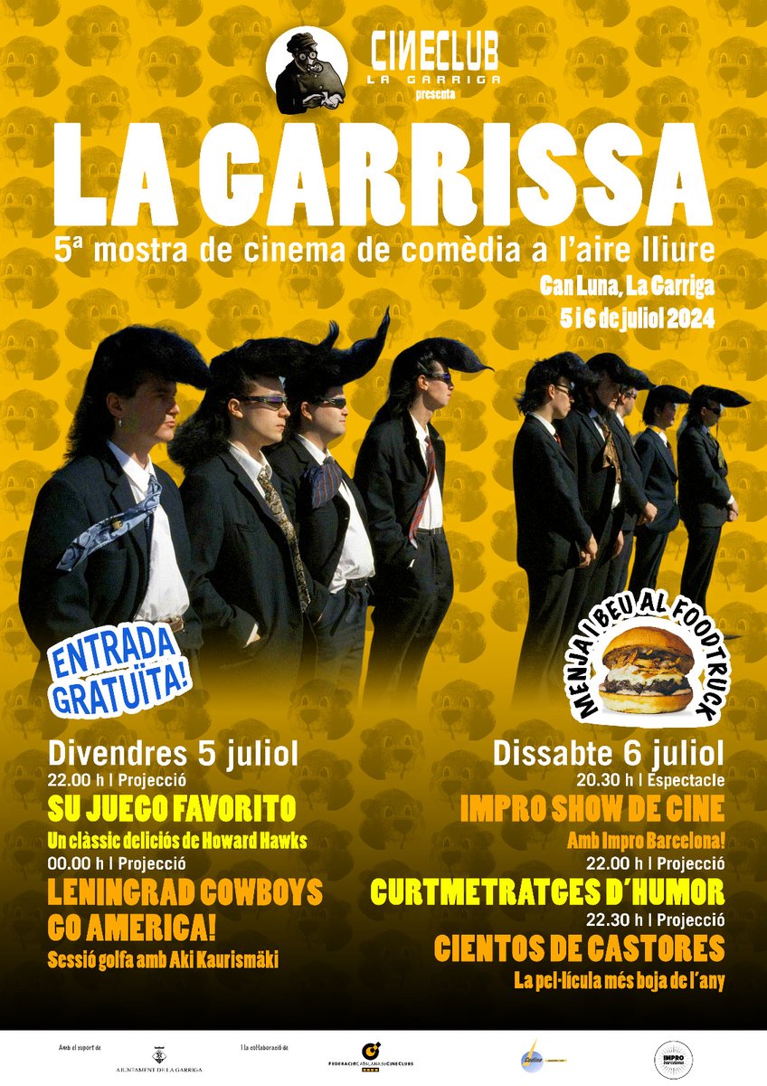 Us convidem amb aquest bonic cartell els dies 5 i 6 de juliol a la Mostra de cinema de comèdia LA GARRISSA!!

Serà a Can Luna,
💸entrades gratuïtes,
🤣pel·lícules molt divertides,
🎭un espectacle d'improvisació cinèfila,
🍔un foodtruck per sopar,
🍻un bar per fer la birreta...