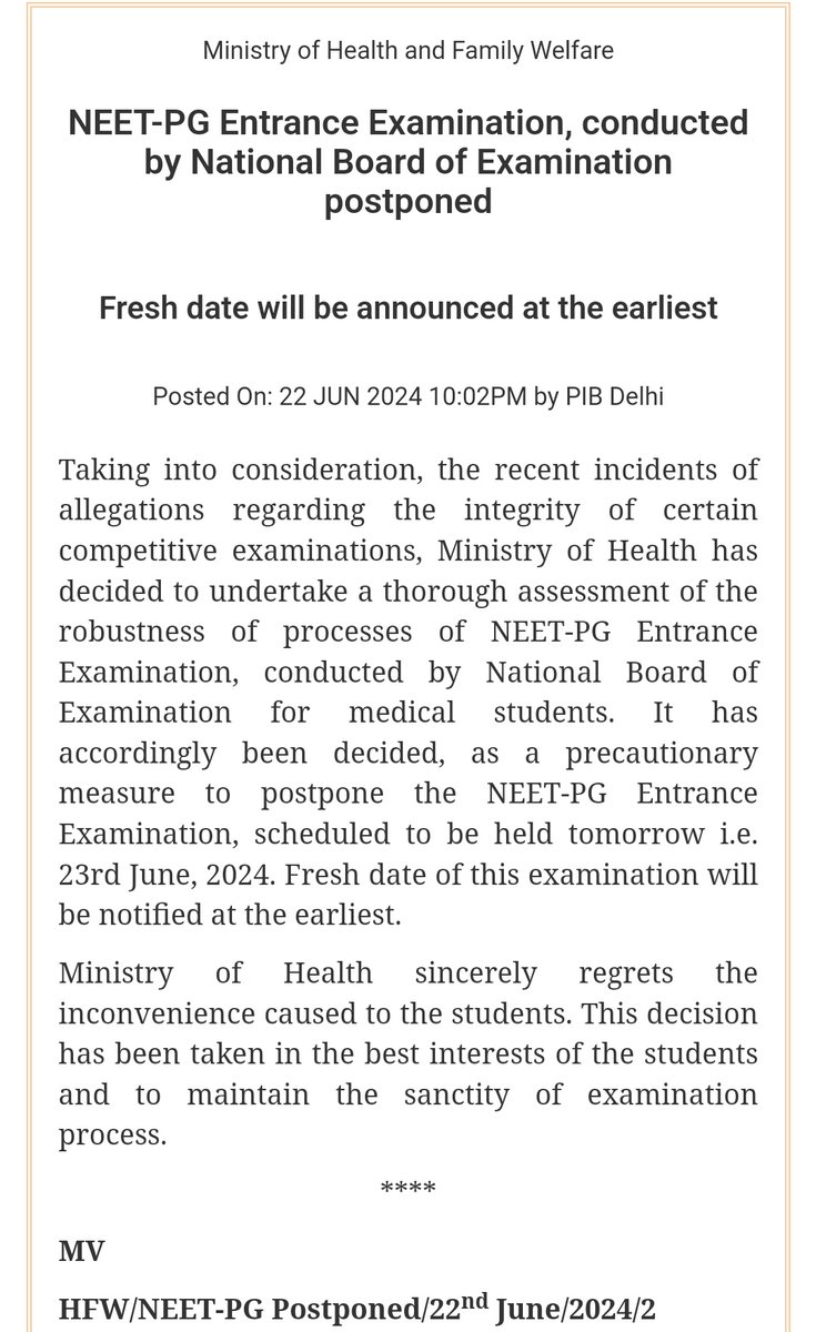 Being__Doctor's tweet photo. NEET-PG POSTPONE..
Exams have been become jokes these days. Postpone neet-pg one night before, I can sense the mental pressure of  medicos going through this and postpone exam with uncertainty of next date is giving another level of frustration. 
Stay strong. https://t.co/zdF1pcBh8N