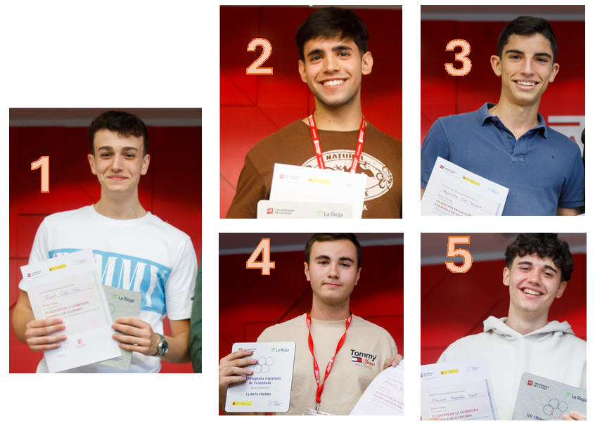 OlimpiadaEconom's tweet photo. 🔝XV #Olimpiada Española de #Economía. Participarán en International Economics Olympiad (IEO) 👏:
1. Miguel Cubel Plou (UNIZAR)
2. Sebastián Escobar de Valdenebro (Univ. Madrid)
3. Alejandro Cid Romero (UPO)
4. Alejandro Verdejo Antón (UA)
5. Eduardo Ampudia Usero (Univ. Madrid) https://t.co/tgfVfqb4SW