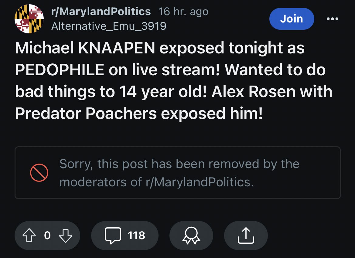iFightForKids's tweet photo. Reddit mods on r/MarylandPolitics are now censoring the Michael Knaapen story and requesting “muh rEliAbLe sOuRcE”, even though Michael admitted everything on camera. 😂😂 https://t.co/lLe3DA2hZC