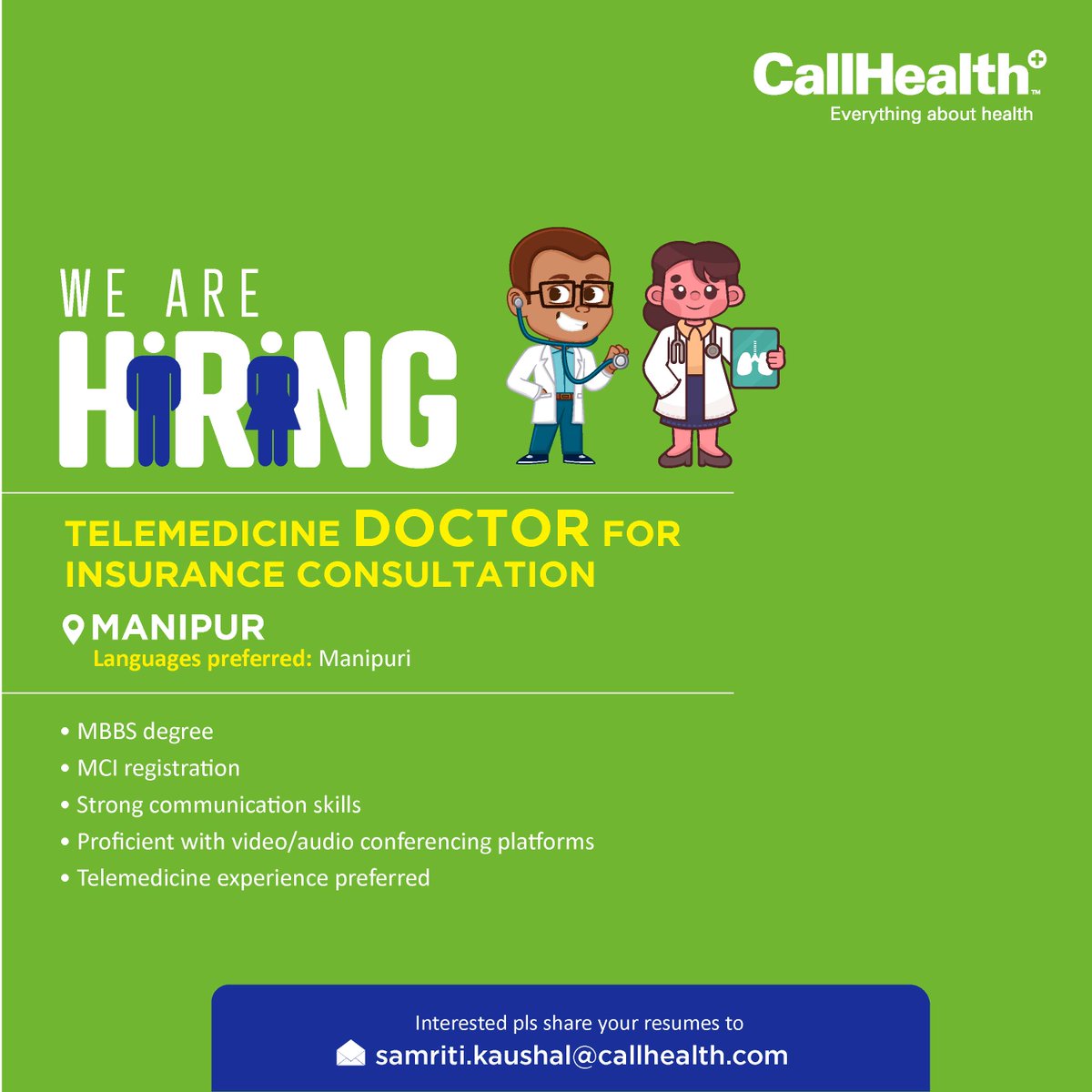 CallHealthIndia's tweet image. CallHealth is seeking experienced doctors for telemedicine insurance consultations. Join our team to provide remote medical expertise for insurance claims.

Please share your resume:
samriti.kaushal@callhealth.com
#InsuranceConsultation #TelemedicineInsurance