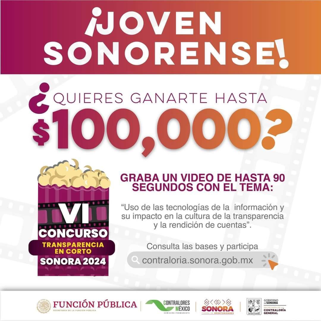 RSonoraFM's tweet photo. 🎬✨ ¡Participa en el "VI Concurso de Transparencia en Corto Sonora 2024"! 

Joven sonorense, tienes la oportunidad de ganar 100 mil pesos plasmando tus ideas sobre Transparencia en un cortometraje o video de 90 segundos. El tema de este año es: "Uso de las tecnologías de la información y su impacto en la cultura de la transparencia y la rendición de cuentas".

Consulta las bases y participa aquí: 
👉 https://t.co/6JXKniisRU

#Transparencia #Concurso #EnCorto #Sonora