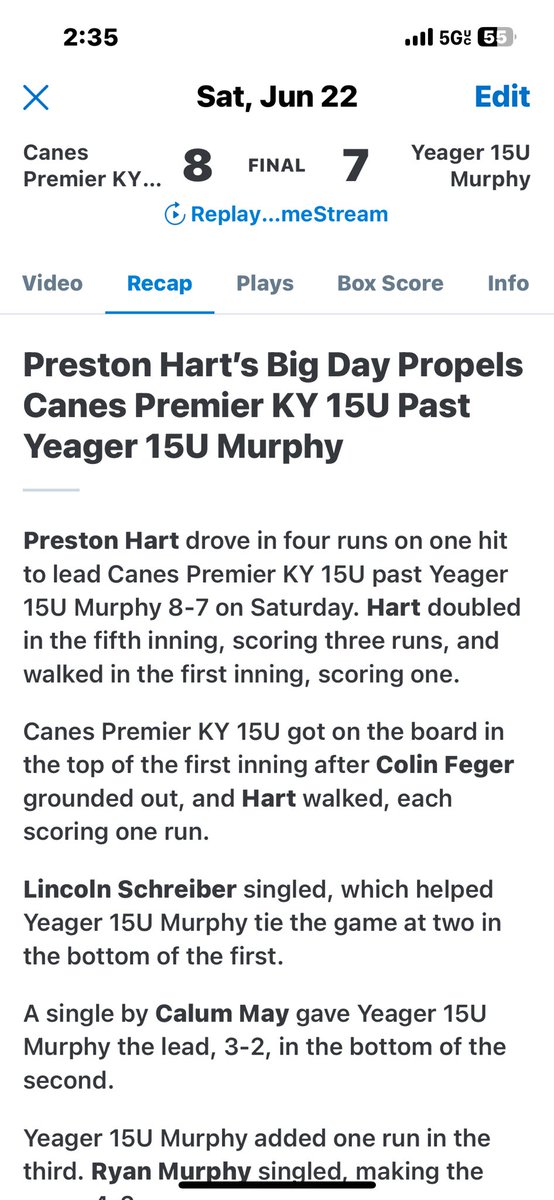 KY Canes Premier 2027 (@canesky2027) on Twitter photo Preston Hart <a href="/PHart_21/">Preston Hart</a> w 4 RBIs, 14 RBIs on summer in 13 games. <a href="/Colin_Feger/">Colin Feger</a> w 2 more hits. 16 on the summer. Canes get the win. J Oxender gets the W. Preston Hart <a href="/PHart_21/">Preston Hart</a> w 4 RBIs, 14 RBIs on summer in 13 games. <a href="/Colin_Feger/">Colin Feger</a> w 2 more hits. 16 on the summer. Canes get the win. J Oxender gets the W.