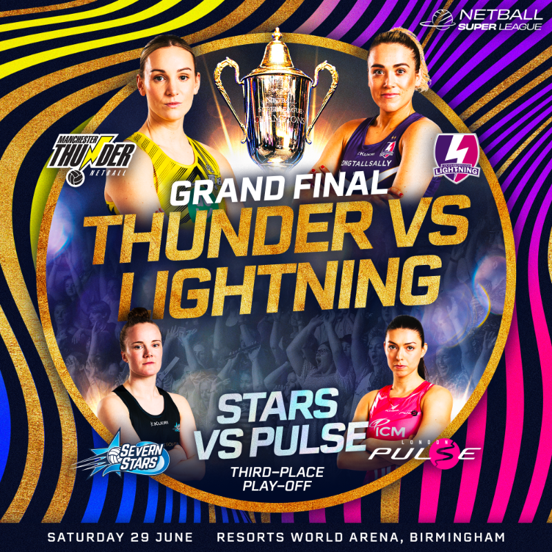 NetballSL's tweet photo. Weather report: we’re in for a scorcher in Birmingham 🔥

💥 A re-match of the 2022 final is on the cards as @thundernetball will take on @lborolightning in a bid to become champions, while @SevernStars will battle @Pulse_netball for third place.

#NSL2024 l #SeeUsNow