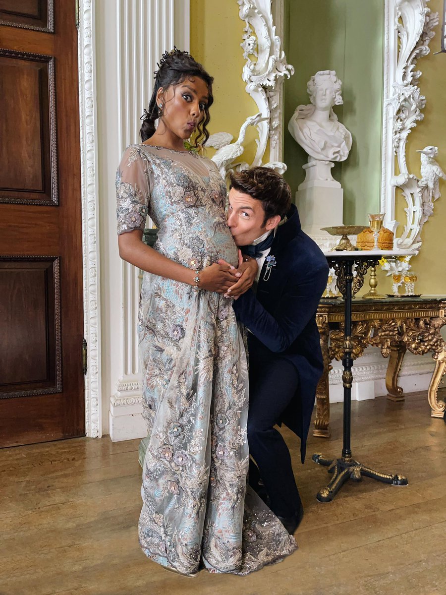 Simone Ashley and Jonathan Bailey on the set of ‘BRIDGERTON’ Season 3.