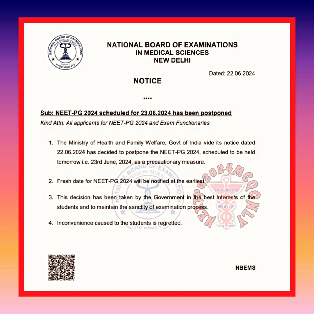 medcrux's tweet image. ‼️OFFICIAL NOTICE FROM NBE ‼️
NEET PG 2024 EXAM POSTPONED. 
#NEETPG2024 #fmge2024 
#nextpg #inicet2024 
#medico #neetpg
#medicine #MedTwitter #MedTwitter #medicine #Clinical #MedEd #Medical #Health