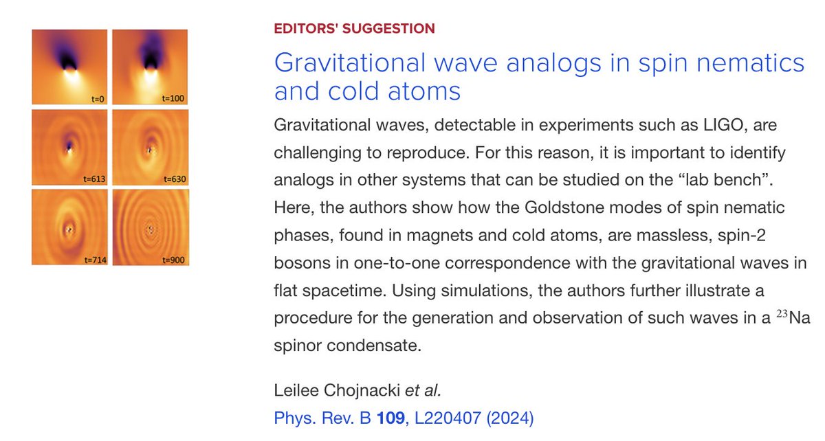 PhysRevB's tweet image. PRB Editors&apos; Suggestion: #GravitationalWave analogs in #SpinNematics and #ColdAtoms

Leilee Chojnacki, Rico Pohle, Han Yan, Yutaka Akagi, and Nic Shannon
Phys. Rev. B 109, L220407

➡️ go.aps.org/3xqKsir
#PRBLetter #EdSugg #physics #condmat @APSPhysics @OISTEdu