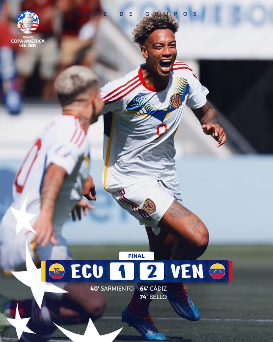 NathanJoyes1's tweet photo. Venezuela were excellent in the second half. Admittedly, Ecuador were down to 10 and fatigued, but Batista made great subs, their high-press and ability to move the ball quickly paid off.

The underdogs of Group B proved everyone wrong tonight. #ECUVEN https://t.co/Rbv3caW1NQ