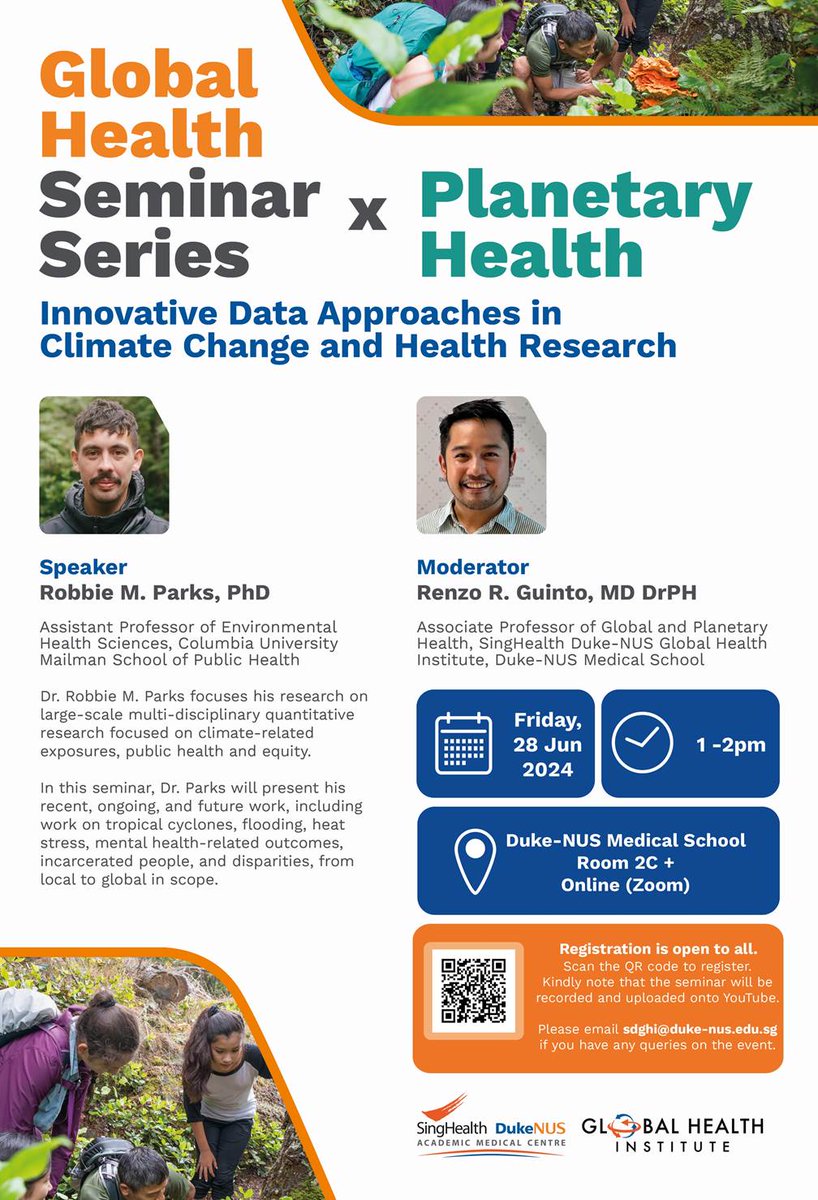 Join SDGHI for June's Global Health Seminar Series! 🌍✨ Dr. Robbie M. Parks will discuss climate-related exposures, public health, and equity.

🗓️ Fri, 28 June 2024
🕐 1-2pm SGT
📍 Hybrid event (in-person encouraged)

Register now! #GlobalHealth #ClimateChange #PlanetaryHealth