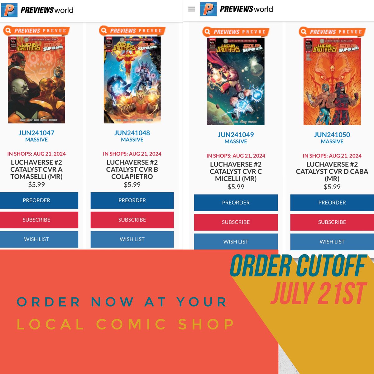 Now up at <a href="/PREVIEWSworld/">PREVIEWSworld</a> take a look inside the pages of <a href="/maskedrepcomics/">maskedrepubliccomics</a> &amp; <a href="/Massivepublish/">Massive Publishing</a>’s <a href="/TheLuchaverse/">The Luchaverse</a>: Catalyst #2 featuring The Lucha Bros <a href="/PENTAELZEROM/">PENTA EL ZERO M</a> &amp; <a href="/ReyFenixMx/">REY FENIX WWE</a> and Los Cadetes del Espacio Solar &amp; Super Astro! Ask for it now at your local comic shop! Covers by