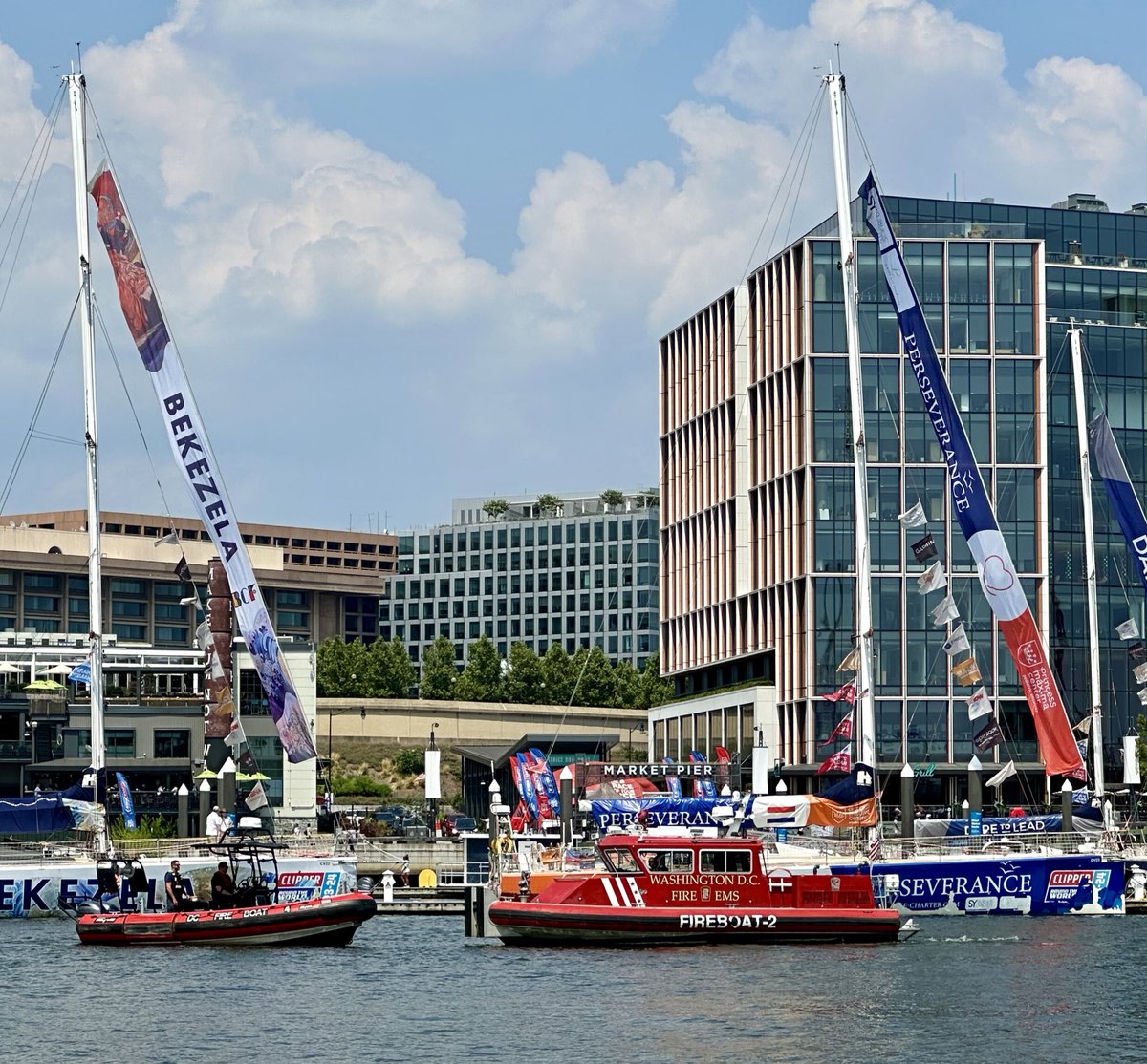 dcfireems's tweet photo. The @ClipperRace vessels are current moored at the @TheWharfDC, and as always,  @dcfireems Fireboats stand ready to protect them and their crews. #DCsBravest https://t.co/iN3IWrJwii