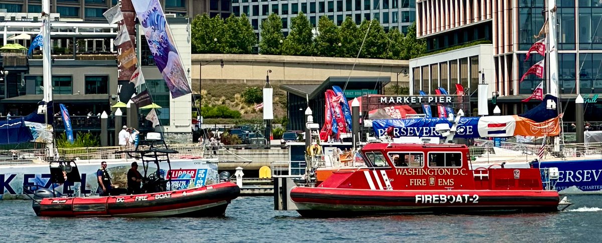 dcfireems's tweet photo. The @ClipperRace vessels are current moored at the @TheWharfDC, and as always,  @dcfireems Fireboats stand ready to protect them and their crews. #DCsBravest https://t.co/iN3IWrJwii