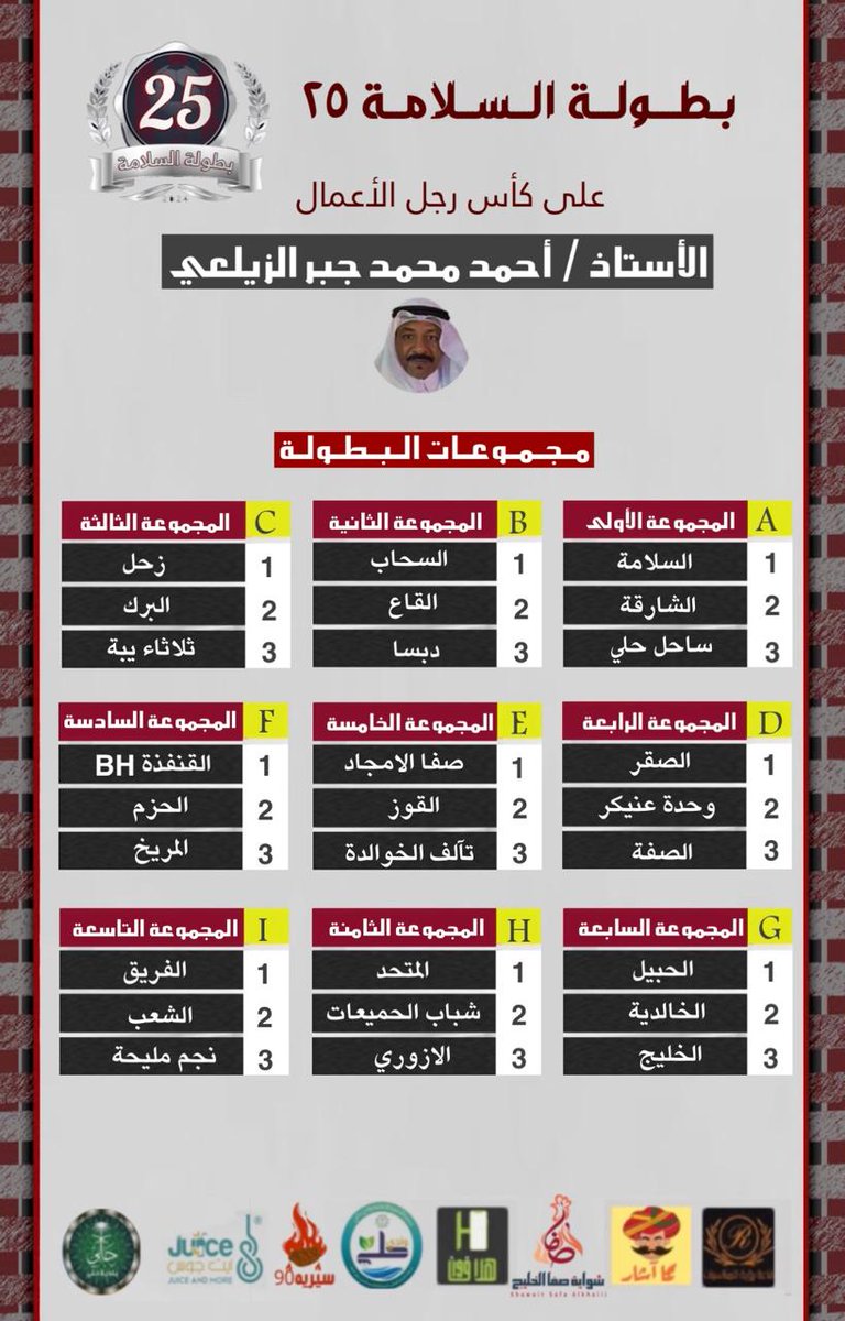Salamh2030's tweet photo. ♦️
مجموعات بطولة #السلامه25 على كأس رجل الأعمال الأستاذ أحمد محمد جبر الزيلعي https://t.co/CsUejSE626