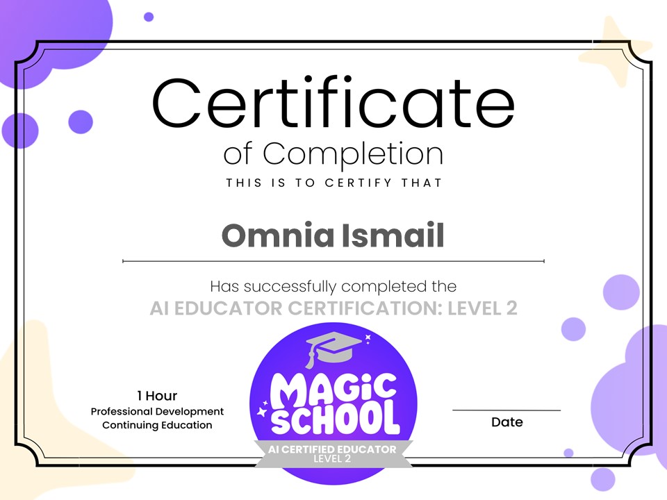 Omnia Ismail (@omniaismail1711) on Twitter photo Excited🤩to announce that I have completed the
<a href="/magicschoolai/">MagicSchool AI 💜 🪄✨</a>
AI Certification Course (Level 2). MagicSchool is the leading AI platform for educators - helping teachers lesson plan, differentiate, communicate clearly, and more! #magicschoolai #teachersaremagic #edtech Excited🤩to announce that I have completed the
<a href="/magicschoolai/">MagicSchool AI 💜 🪄✨</a>
AI Certification Course (Level 2). MagicSchool is the leading AI platform for educators - helping teachers lesson plan, differentiate, communicate clearly, and more! #magicschoolai #teachersaremagic #edtech