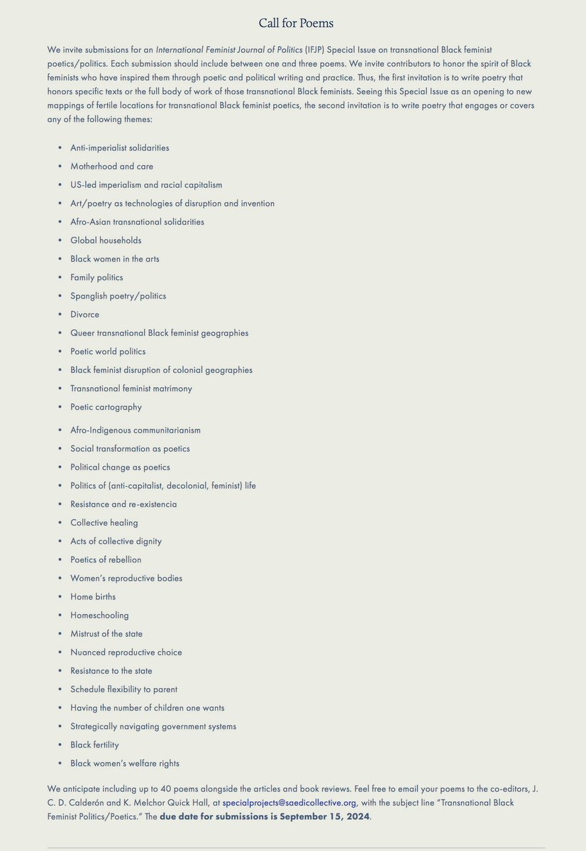 Julio César Díaz Calderón (@jdiazcalderon) on Twitter photo 🔥📢 I’m happy to share with you the call for poems, K. Melchor Quick Hall and I have for our special issue on Transnational Black Feminist Poetics/Politics for <a href="/IFJPglobal/">International Feminist Journal of Politics</a> Please spread the word among your Black feminist friends
Due date: September 15, 2024 <a href="/ftgs_isa/">FTGS</a> <a href="/lgbtqa_isa/">LGBTQA Caucus</a> 🔥📢 I’m happy to share with you the call for poems, K. Melchor Quick Hall and I have for our special issue on Transnational Black Feminist Poetics/Politics for <a href="/IFJPglobal/">International Feminist Journal of Politics</a> Please spread the word among your Black feminist friends
Due date: September 15, 2024 <a href="/ftgs_isa/">FTGS</a> <a href="/lgbtqa_isa/">LGBTQA Caucus</a>