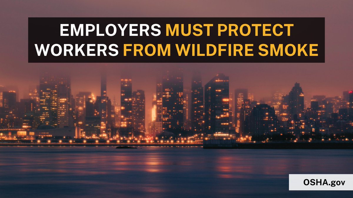 OSHA_DOL's tweet photo. The following steps can be taken to reduce wildfire smoke exposure for workers outside:

✔️ Monitor the air quality
✔️ Relocate or reschedule work tasks 
✔️ Give workers frequent breaks in places free from the smoke

Learn more:  https://t.co/0hE9flTuYw

#KeepWorkersSafe https://t.co/nXEfbFIzTb